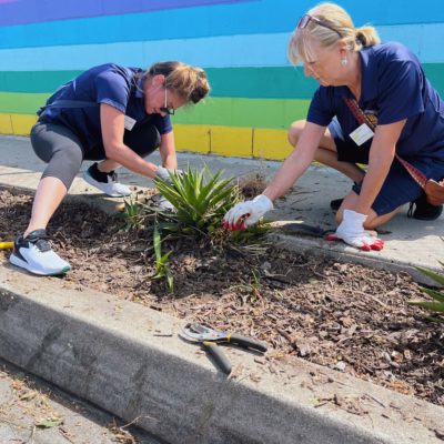 Two women are taking part in a CSR Team Building program. They are crouched on the ground, gardening and pulling weeds along a sidewalk. They are both wearing blue shirts and white gloves while working in a flowerbed. Behind them is a colorful wall painted in bright horizontal stripes of blue, purple, yellow, green, and more, adding a vibrant backdrop to their activity. thumbnail