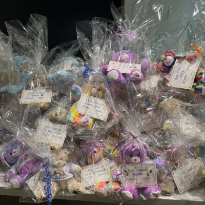 Dozens of colorful stuffed animals wrapped in clear plastic, ready for donation, each with a handwritten note attached. thumbnail