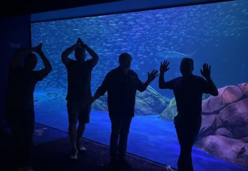 Team members posing playfully in front of an aquarium, mimicking sea life during a Mystery Bus team building adventure, enjoying a surprise destination.