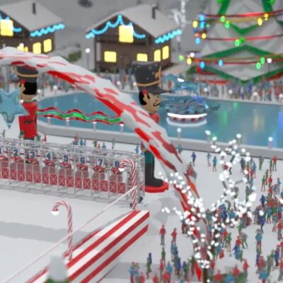Festive winter scene from the Reindeer Games event, featuring a holiday-themed racetrack, large toy soldier figures, and a crowd gathered around a decorated ice rink. thumbnail