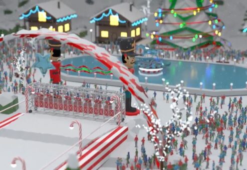 Festive winter scene from the Reindeer Games event, featuring a holiday-themed racetrack, large toy soldier figures, and a crowd gathered around a decorated ice rink.