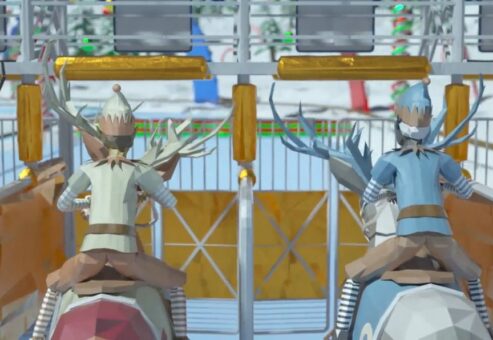 Two reindeer riders at the starting gate, ready for a race during the Reindeer Games team building event.