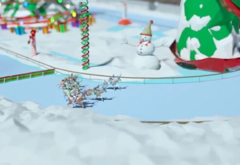 Reindeer racing around a snowy track during the Reindeer Games team building event, with a snowman and festive decorations in the background.