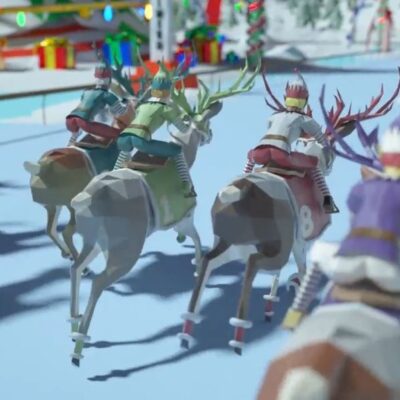 Animated reindeer racing in the Reindeer Games event, featuring participants in colorful attire riding reindeer in a winter-themed track. thumbnail
