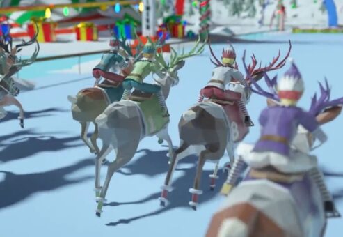 Animated reindeer racing in the Reindeer Games event, featuring participants in colorful attire riding reindeer in a winter-themed track.