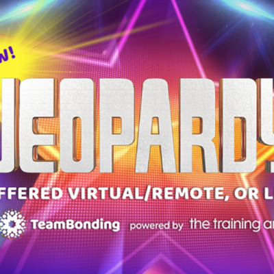 In this photo you can see gameboard for a team building program based on: Jeopardy! This is a graphic promoting virtual, remote, or live gameplay options. For TeamBonding, powered by The Training Arcade. thumbnail